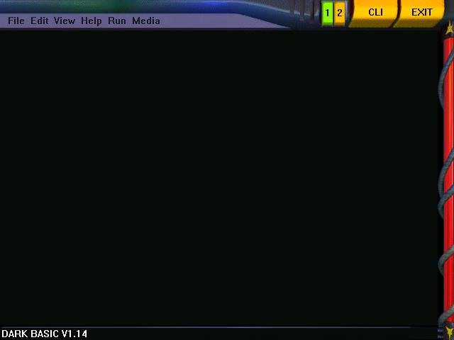 A screenshot of DarkBASIC, showing an almost completely blank screen. Along the top are a row of menus - File, Edit, View, Help, Run, and Media, along with some big yellow buttons marked '1', '2', 'CLI', and 'Exit'.
